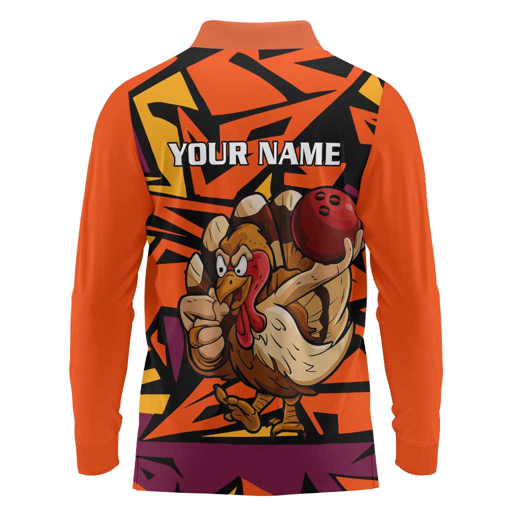 Custom Turkey Bowling Long Sleeve Polo Shirt with Cartoon Turkey Striker and Orange Geometric Pattern - Wonder Print Shop