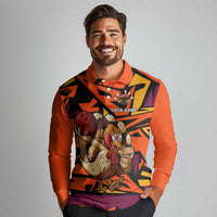 Custom Turkey Bowling Long Sleeve Polo Shirt with Cartoon Turkey Striker and Orange Geometric Pattern - Wonder Print Shop