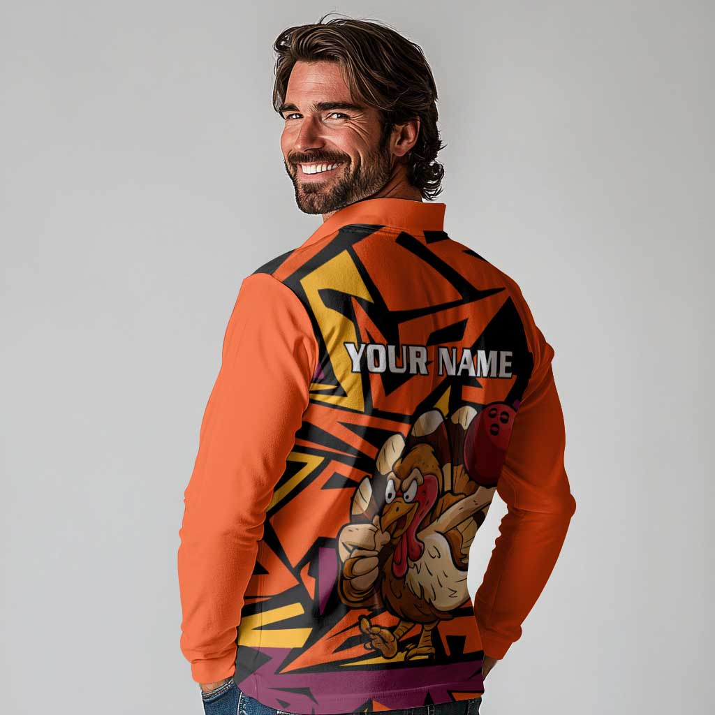 Custom Turkey Bowling Long Sleeve Polo Shirt with Cartoon Turkey Striker and Orange Geometric Pattern - Wonder Print Shop