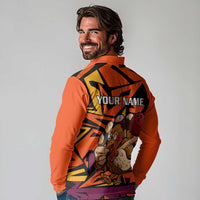 Custom Turkey Bowling Long Sleeve Polo Shirt with Cartoon Turkey Striker and Orange Geometric Pattern - Wonder Print Shop