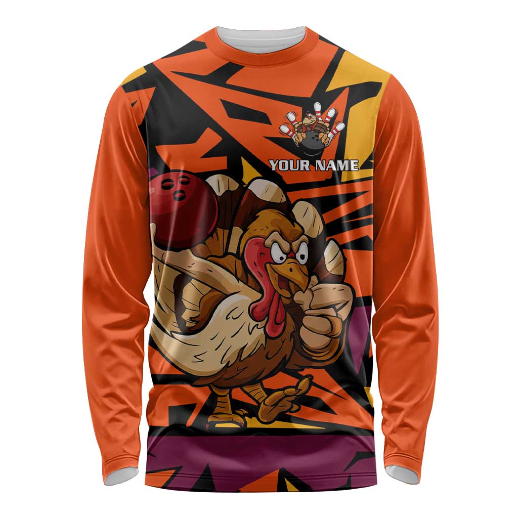 Custom Turkey Bowling Long Sleeve Shirt with Cartoon Turkey Striker and Orange Geometric Pattern - Wonder Print Shop