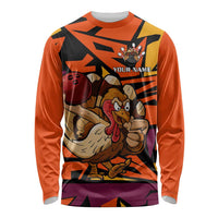 Custom Turkey Bowling Long Sleeve Shirt with Cartoon Turkey Striker and Orange Geometric Pattern - Wonder Print Shop