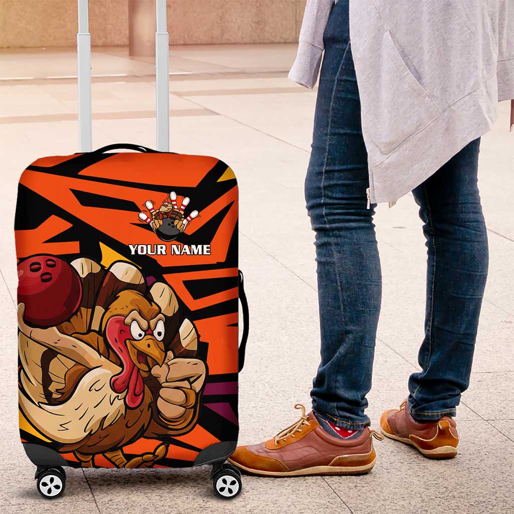 Custom Turkey Bowling Luggage Cover with Cartoon Turkey Striker and Orange Geometric Pattern - Wonder Print Shop