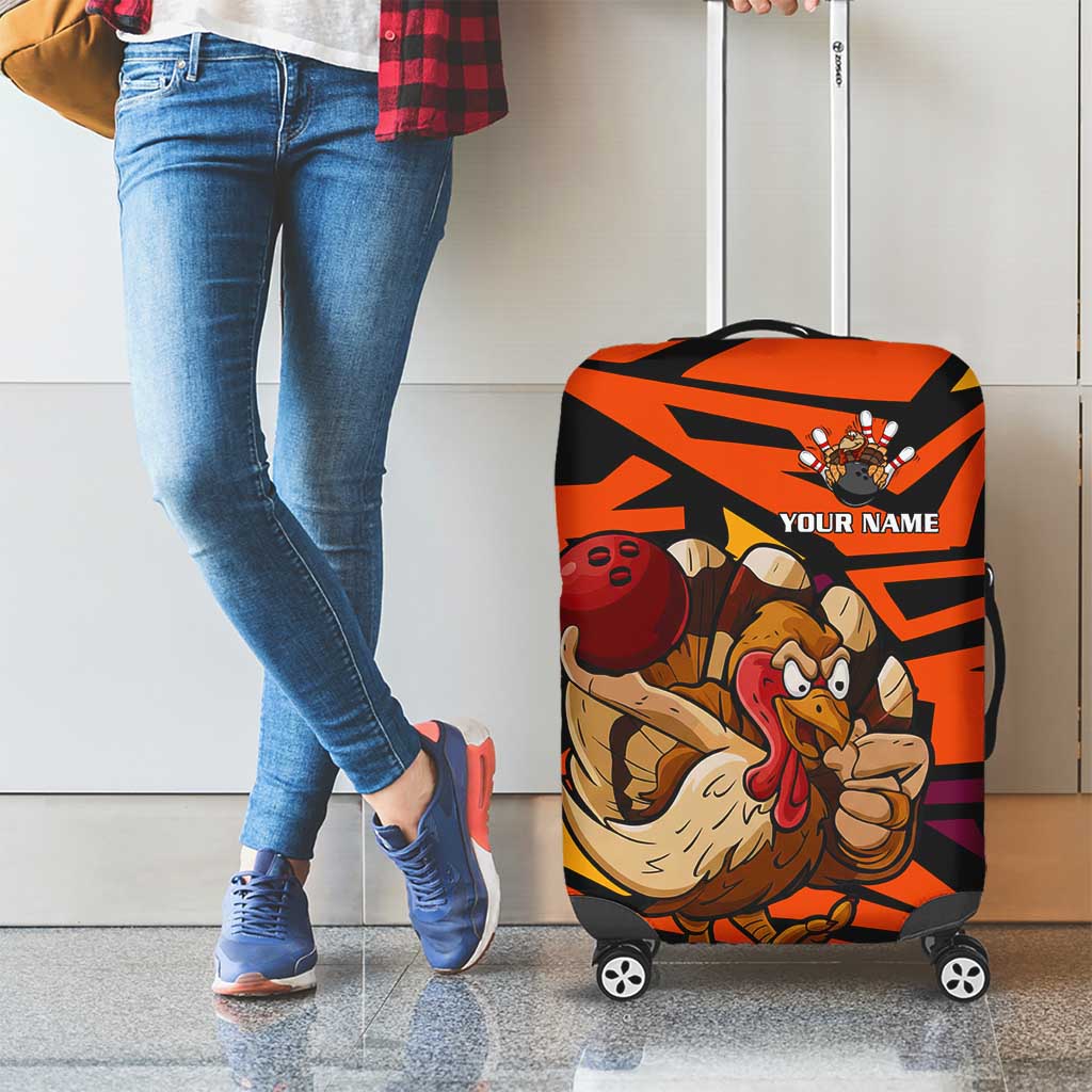 Custom Turkey Bowling Luggage Cover with Cartoon Turkey Striker and Orange Geometric Pattern - Wonder Print Shop