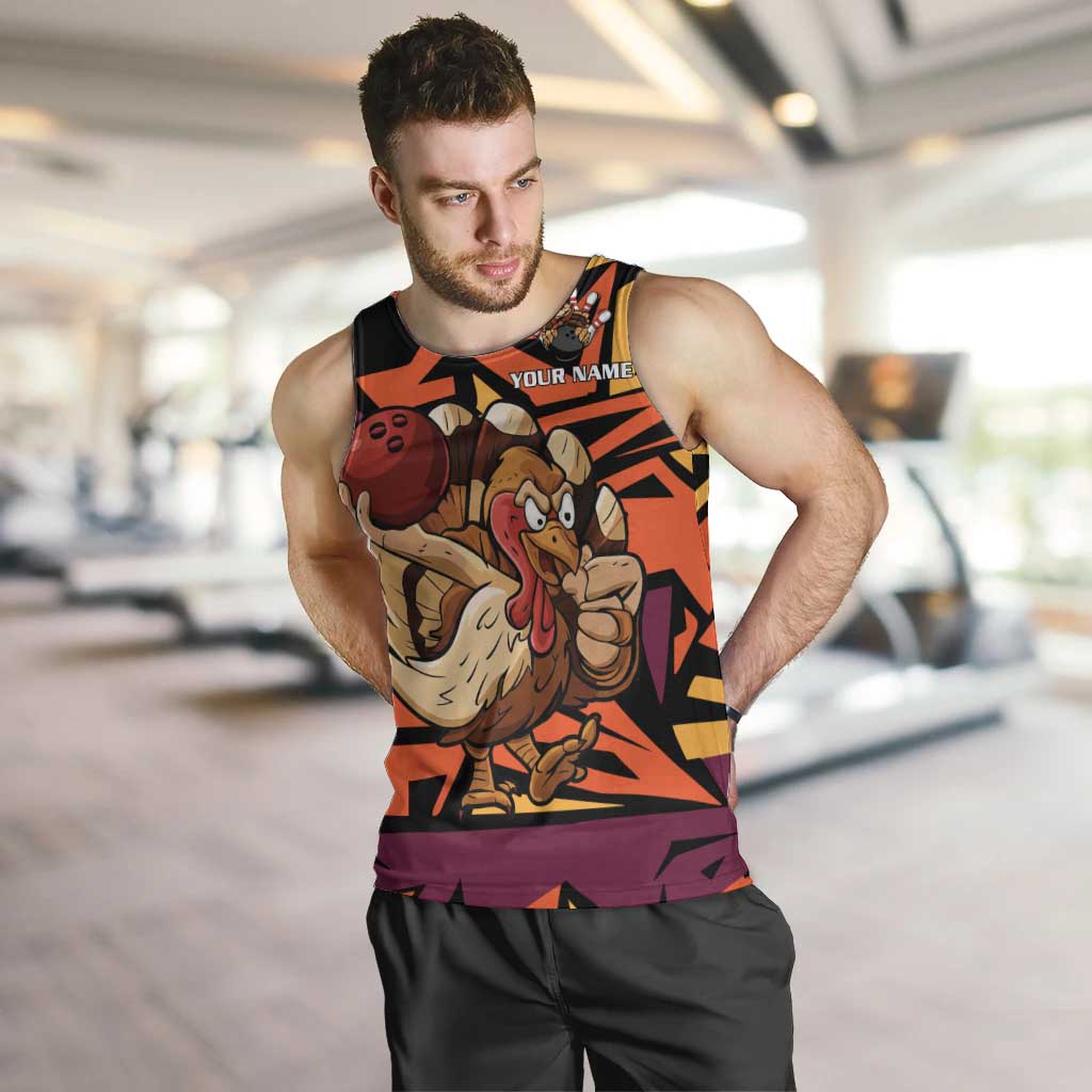 Custom Turkey Bowling Men Tank Top with Cartoon Turkey Striker and Orange Geometric Pattern - Wonder Print Shop
