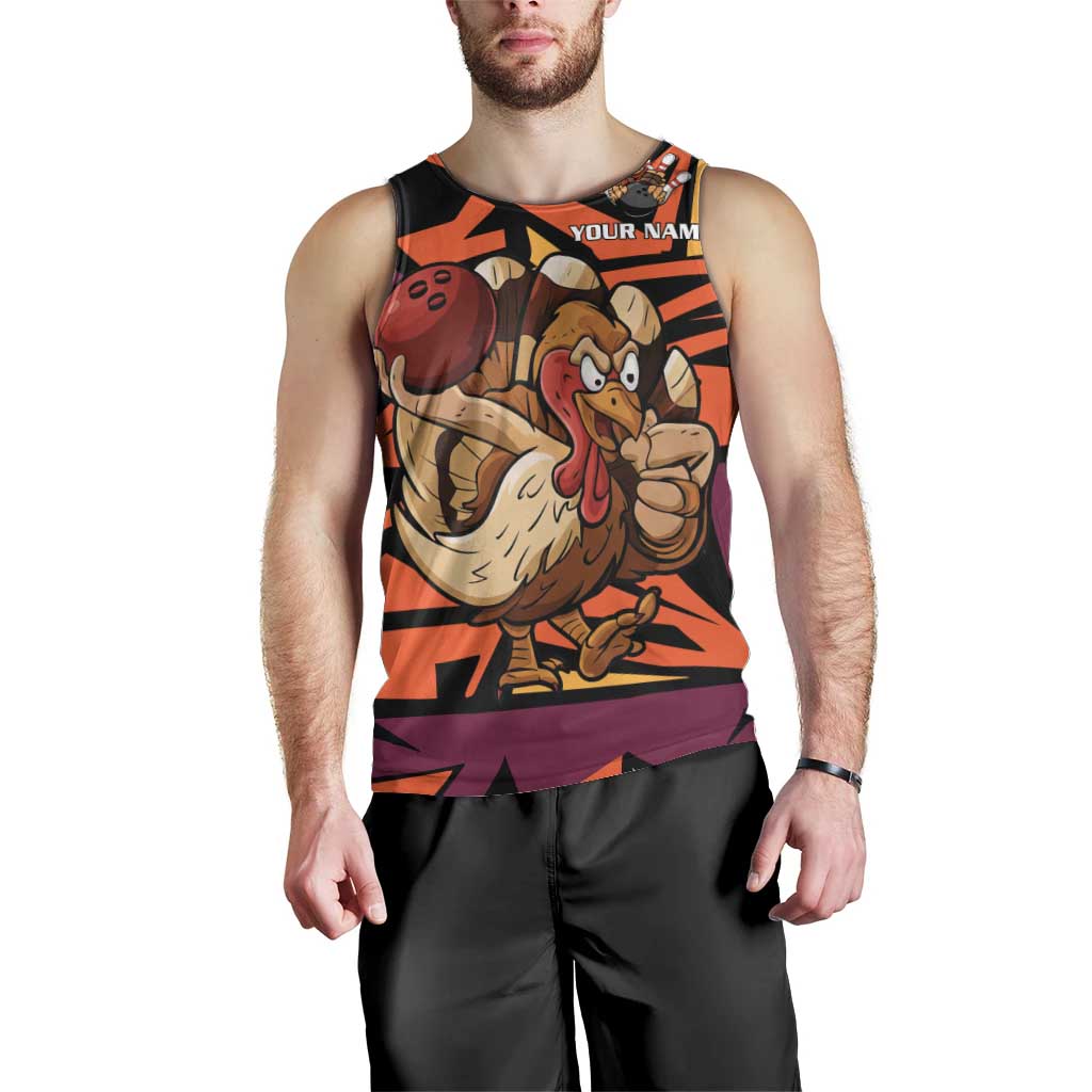 Custom Turkey Bowling Men Tank Top with Cartoon Turkey Striker and Orange Geometric Pattern - Wonder Print Shop