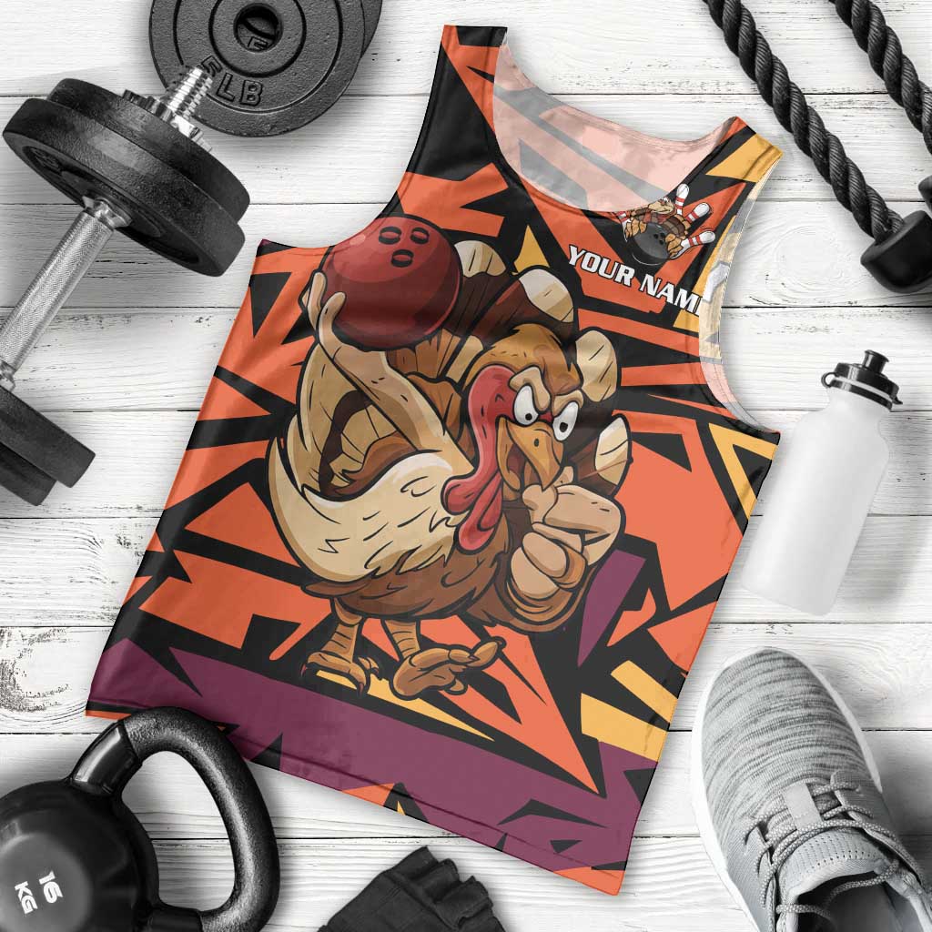 Custom Turkey Bowling Men Tank Top with Cartoon Turkey Striker and Orange Geometric Pattern - Wonder Print Shop