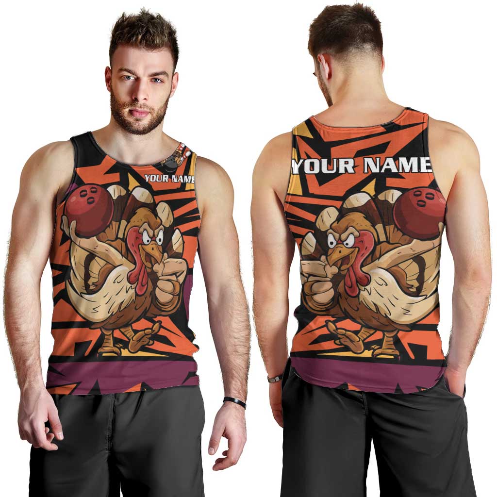 Custom Turkey Bowling Men Tank Top with Cartoon Turkey Striker and Orange Geometric Pattern - Wonder Print Shop