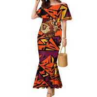 Custom Turkey Bowling Mermaid Dress with Cartoon Turkey Striker and Orange Geometric Pattern - Wonder Print Shop