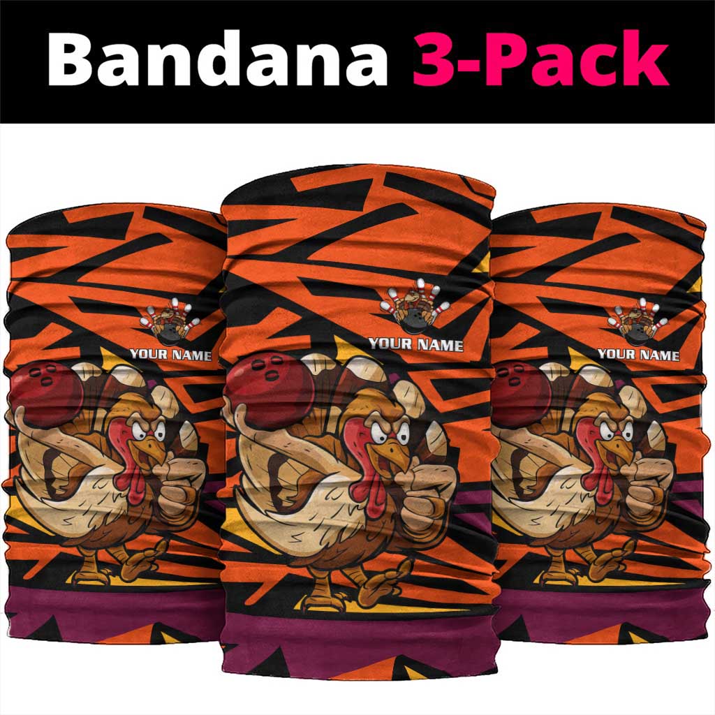 Custom Turkey Bowling Neck Gaiter with Cartoon Turkey Striker and Orange Geometric Pattern - Wonder Print Shop
