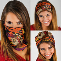 Custom Turkey Bowling Neck Gaiter with Cartoon Turkey Striker and Orange Geometric Pattern - Wonder Print Shop