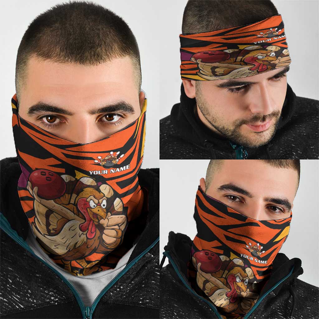 Custom Turkey Bowling Neck Gaiter with Cartoon Turkey Striker and Orange Geometric Pattern - Wonder Print Shop