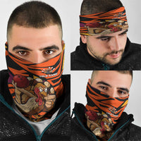 Custom Turkey Bowling Neck Gaiter with Cartoon Turkey Striker and Orange Geometric Pattern - Wonder Print Shop