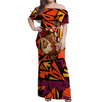 Custom Turkey Bowling Off Shoulder Maxi Dress with Cartoon Turkey Striker and Orange Geometric Pattern - Wonder Print Shop