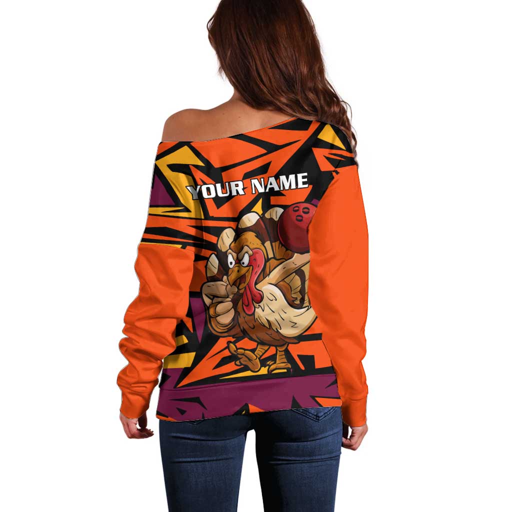 Custom Turkey Bowling Off Shoulder Sweater with Cartoon Turkey Striker and Orange Geometric Pattern - Wonder Print Shop