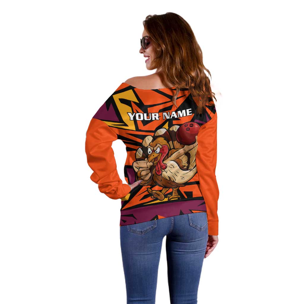 Custom Turkey Bowling Off Shoulder Sweater with Cartoon Turkey Striker and Orange Geometric Pattern - Wonder Print Shop