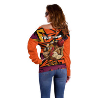 Custom Turkey Bowling Off Shoulder Sweater with Cartoon Turkey Striker and Orange Geometric Pattern - Wonder Print Shop