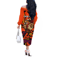 Custom Turkey Bowling Off The Shoulder Long Sleeve Dress with Cartoon Turkey Striker and Orange Geometric Pattern - Wonder Print Shop