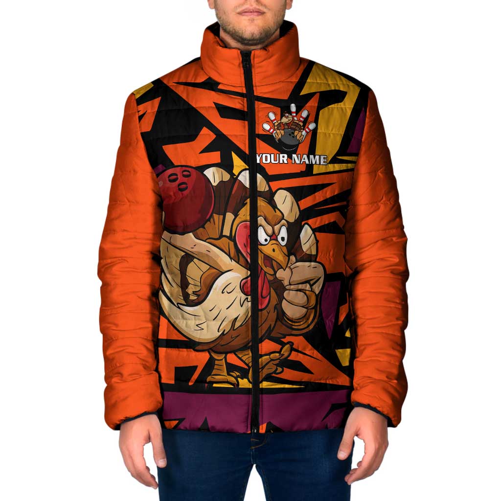 Custom Turkey Bowling Padded Jacket with Cartoon Turkey Striker and Orange Geometric Pattern - Wonder Print Shop