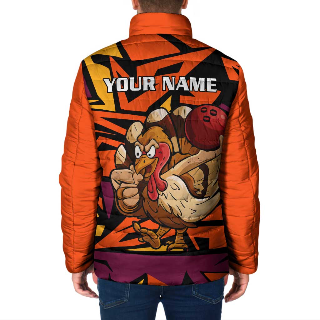 Custom Turkey Bowling Padded Jacket with Cartoon Turkey Striker and Orange Geometric Pattern - Wonder Print Shop