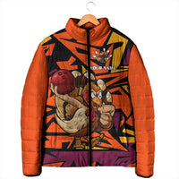 Custom Turkey Bowling Padded Jacket with Cartoon Turkey Striker and Orange Geometric Pattern - Wonder Print Shop