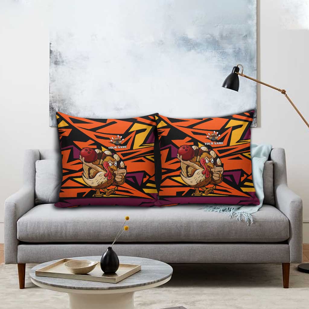 Custom Turkey Bowling Pillow Cover with Cartoon Turkey Striker and Orange Geometric Pattern - Wonder Print Shop