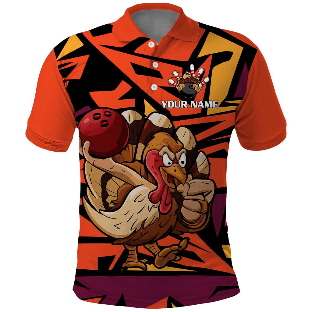 Custom Turkey Bowling Polo Shirt with Cartoon Turkey Striker and Orange Geometric Pattern - Wonder Print Shop
