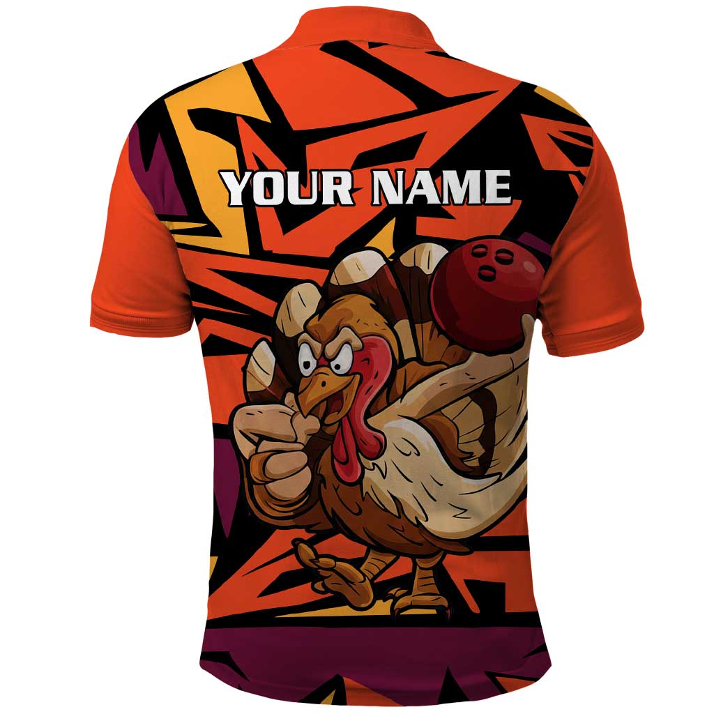 Custom Turkey Bowling Polo Shirt with Cartoon Turkey Striker and Orange Geometric Pattern - Wonder Print Shop