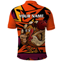 Custom Turkey Bowling Polo Shirt with Cartoon Turkey Striker and Orange Geometric Pattern - Wonder Print Shop