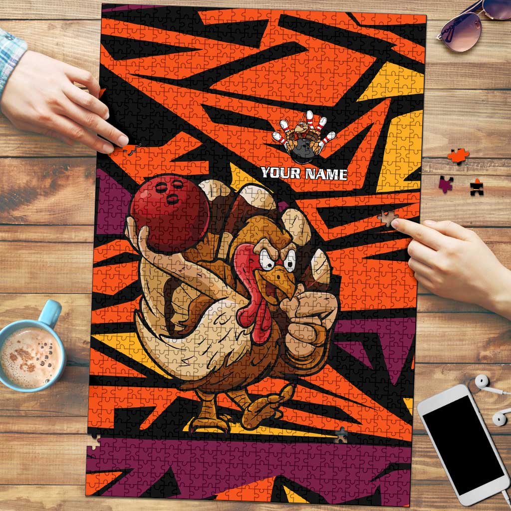 Custom Turkey Bowling Puzzle with Cartoon Turkey Striker and Orange Geometric Pattern - Wonder Print Shop