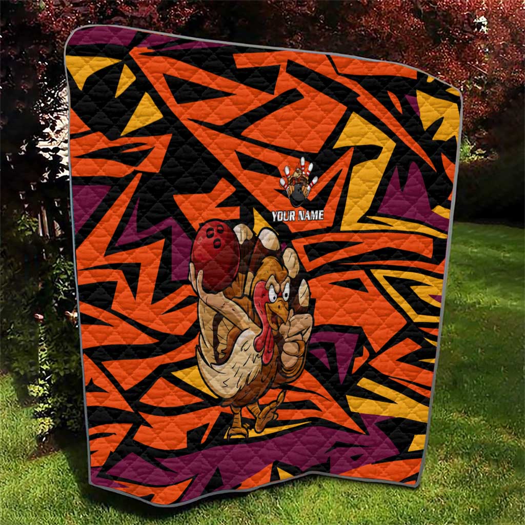 Custom Turkey Bowling Quilt with Cartoon Turkey Striker and Orange Geometric Pattern - Wonder Print Shop