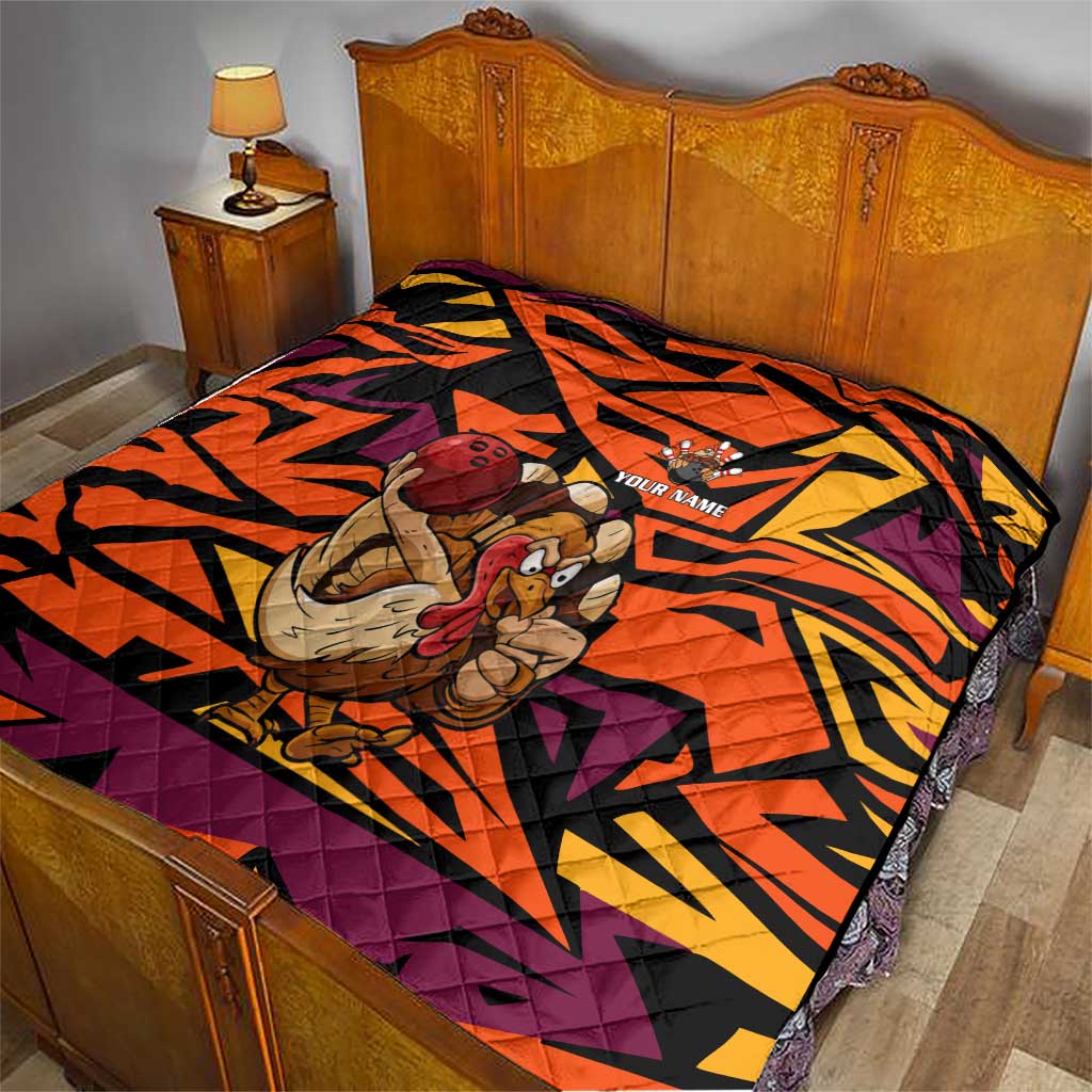 Custom Turkey Bowling Quilt with Cartoon Turkey Striker and Orange Geometric Pattern - Wonder Print Shop