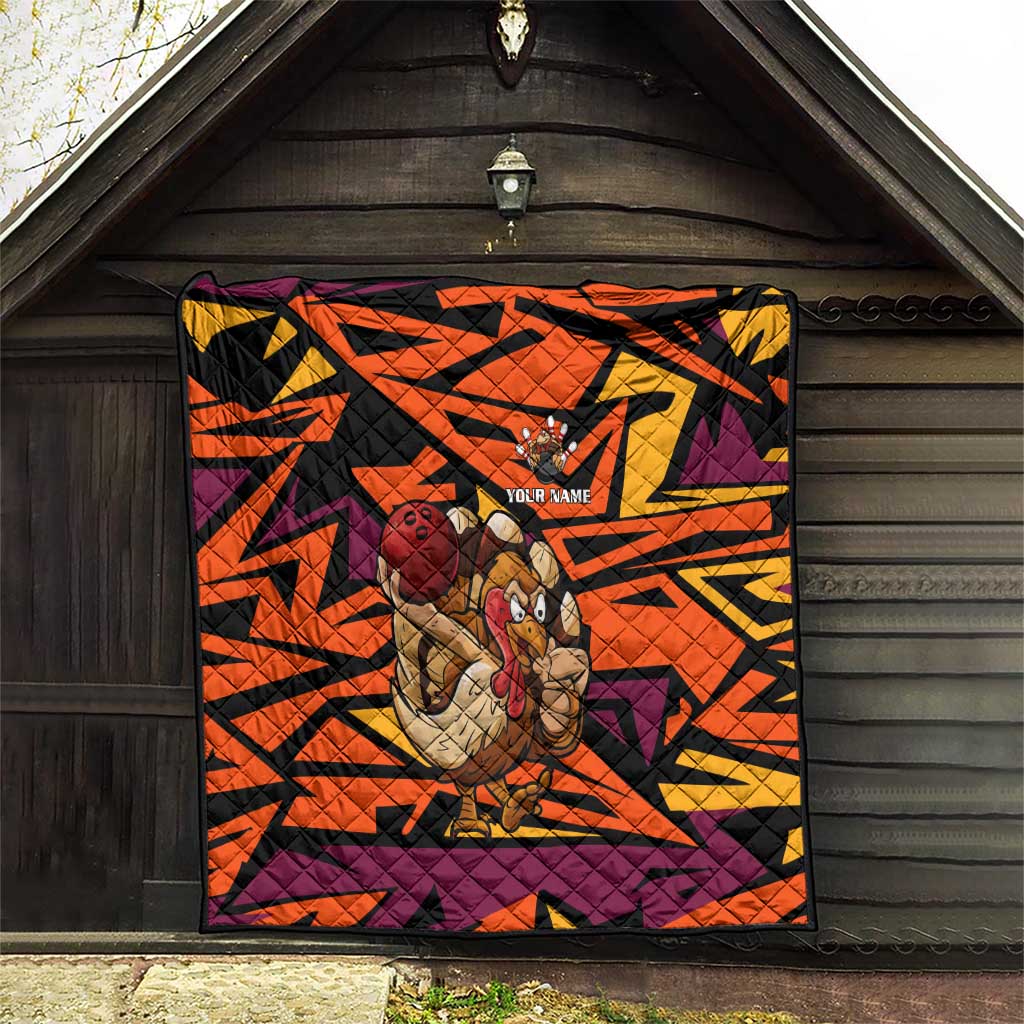 Custom Turkey Bowling Quilt with Cartoon Turkey Striker and Orange Geometric Pattern - Wonder Print Shop