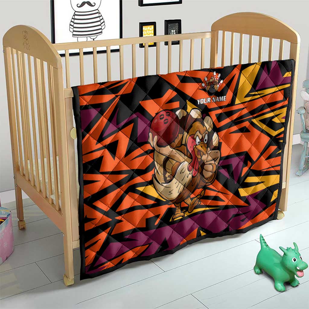 Custom Turkey Bowling Quilt with Cartoon Turkey Striker and Orange Geometric Pattern - Wonder Print Shop
