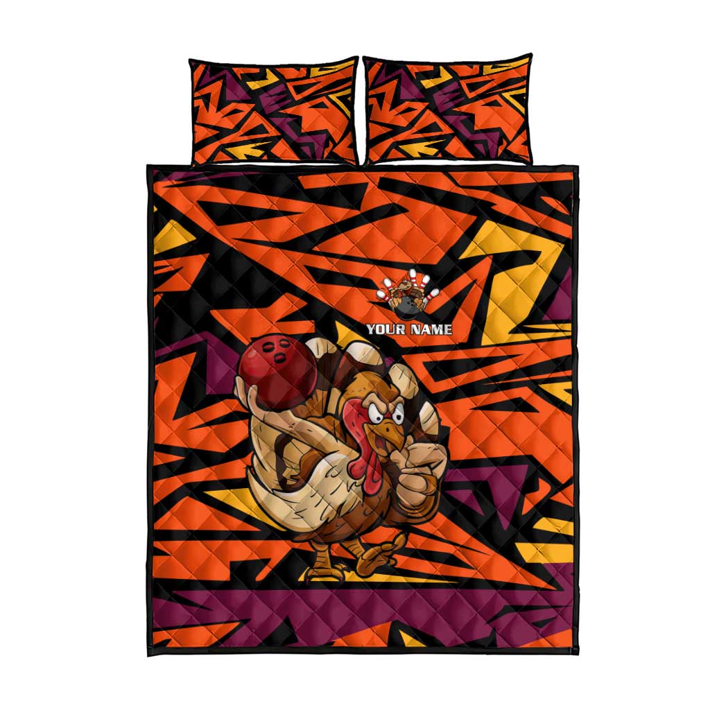 Custom Turkey Bowling Quilt Bed Set with Cartoon Turkey Striker and Orange Geometric Pattern - Wonder Print Shop