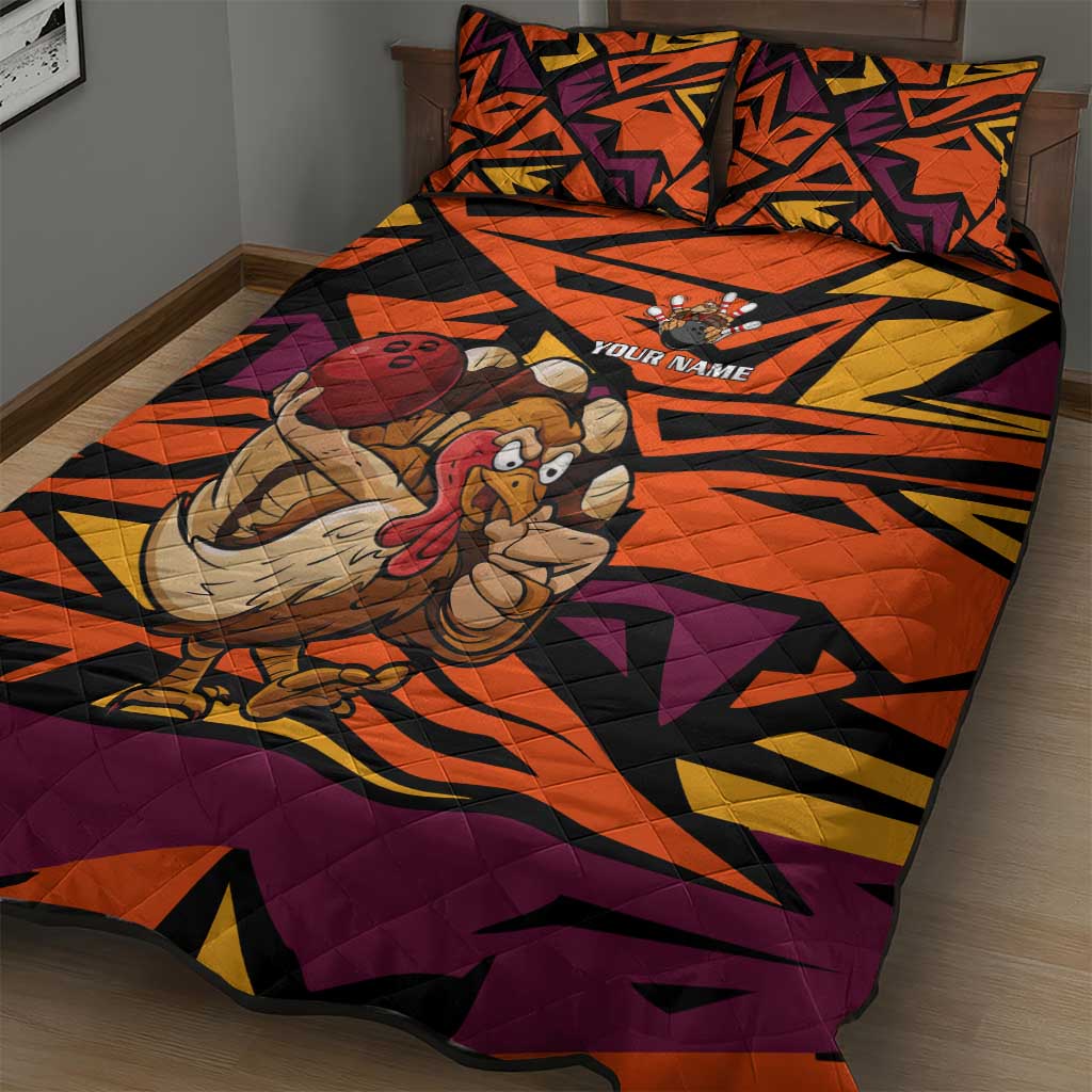 Custom Turkey Bowling Quilt Bed Set with Cartoon Turkey Striker and Orange Geometric Pattern - Wonder Print Shop