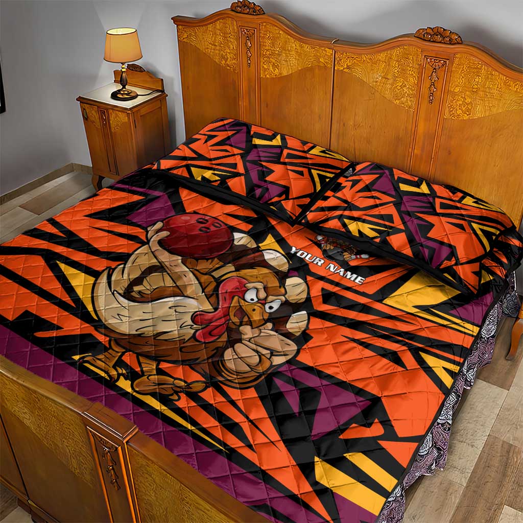 Custom Turkey Bowling Quilt Bed Set with Cartoon Turkey Striker and Orange Geometric Pattern - Wonder Print Shop