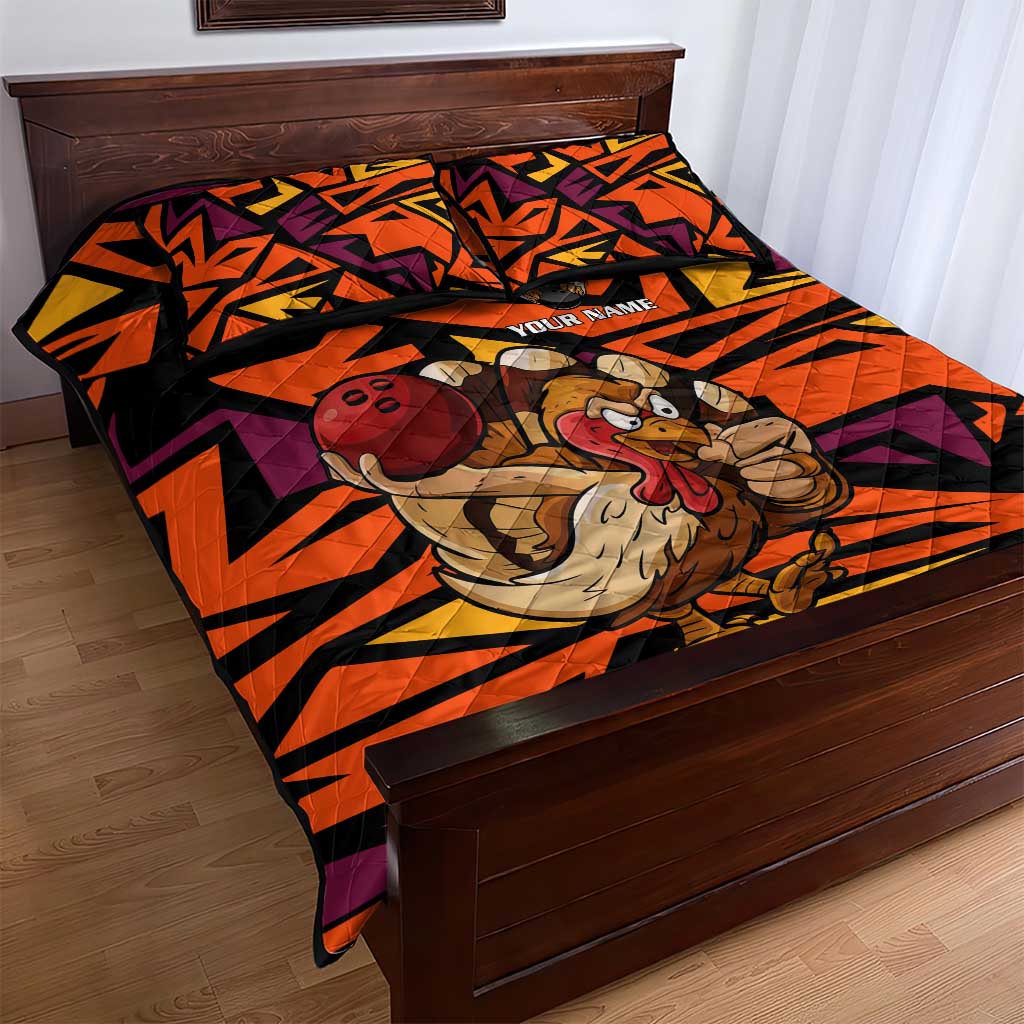 Custom Turkey Bowling Quilt Bed Set with Cartoon Turkey Striker and Orange Geometric Pattern - Wonder Print Shop