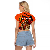 Custom Turkey Bowling Raglan Cropped T Shirt with Cartoon Turkey Striker and Orange Geometric Pattern - Wonder Print Shop