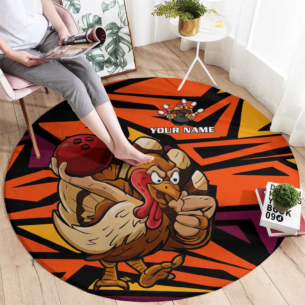 Custom Turkey Bowling Round Carpet with Cartoon Turkey Striker and Orange Geometric Pattern - Wonder Print Shop