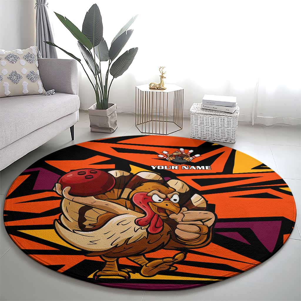 Custom Turkey Bowling Round Carpet with Cartoon Turkey Striker and Orange Geometric Pattern - Wonder Print Shop