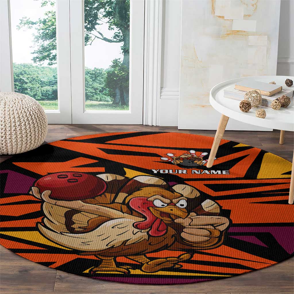 Custom Turkey Bowling Round Carpet with Cartoon Turkey Striker and Orange Geometric Pattern - Wonder Print Shop