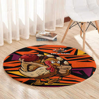 Custom Turkey Bowling Round Carpet with Cartoon Turkey Striker and Orange Geometric Pattern - Wonder Print Shop