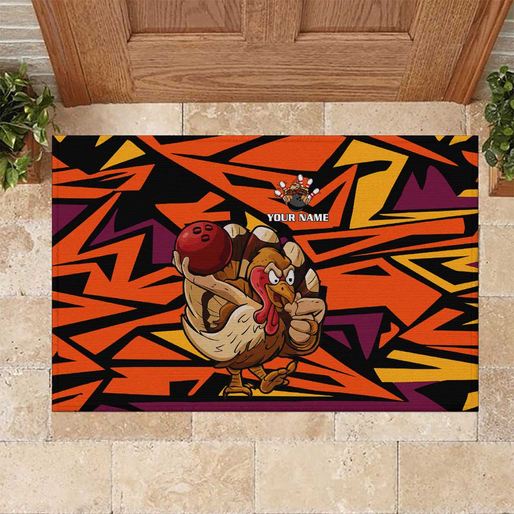 Custom Turkey Bowling Rubber Doormat with Cartoon Turkey Striker and Orange Geometric Pattern - Wonder Print Shop