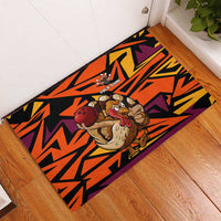 Custom Turkey Bowling Rubber Doormat with Cartoon Turkey Striker and Orange Geometric Pattern - Wonder Print Shop