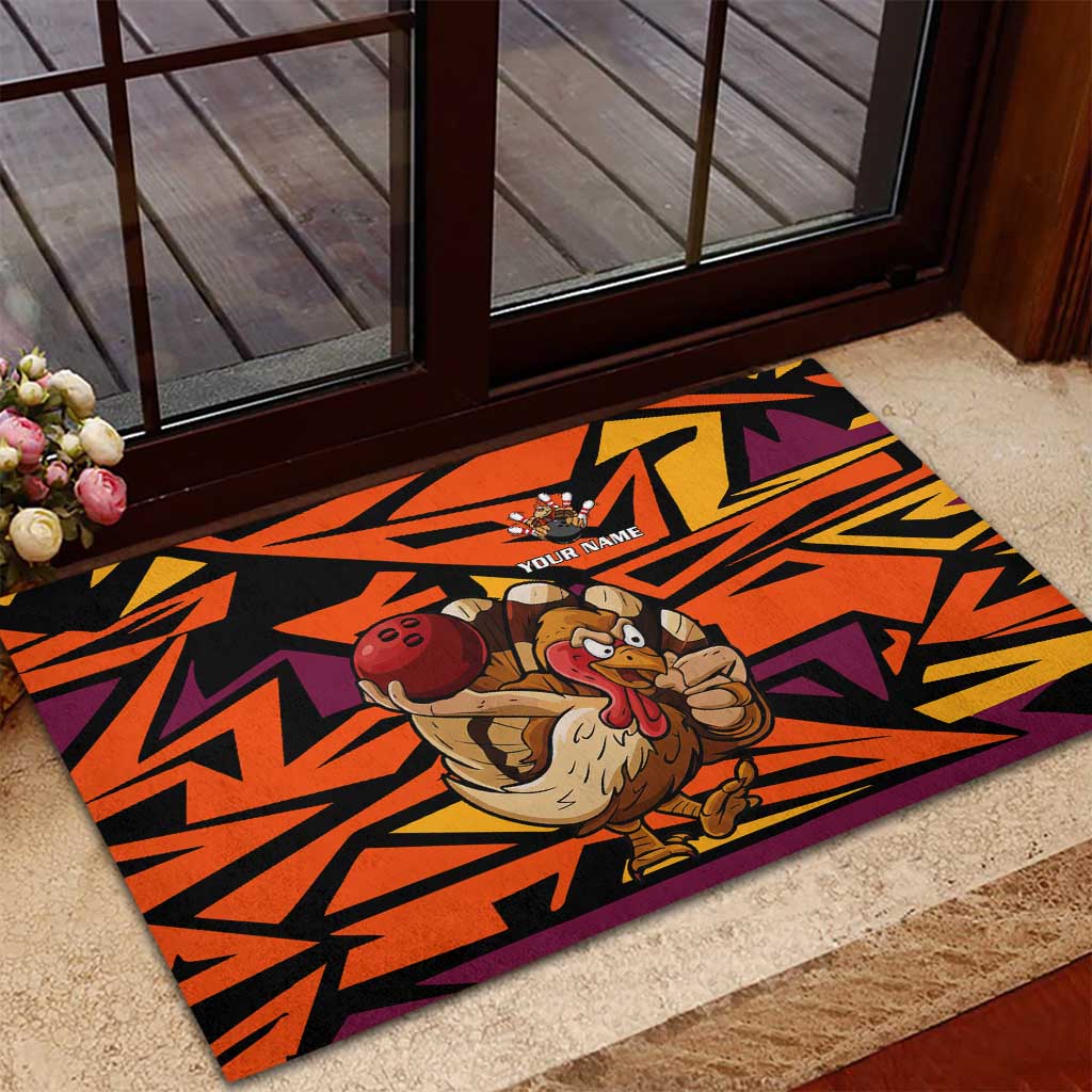 Custom Turkey Bowling Rubber Doormat with Cartoon Turkey Striker and Orange Geometric Pattern - Wonder Print Shop