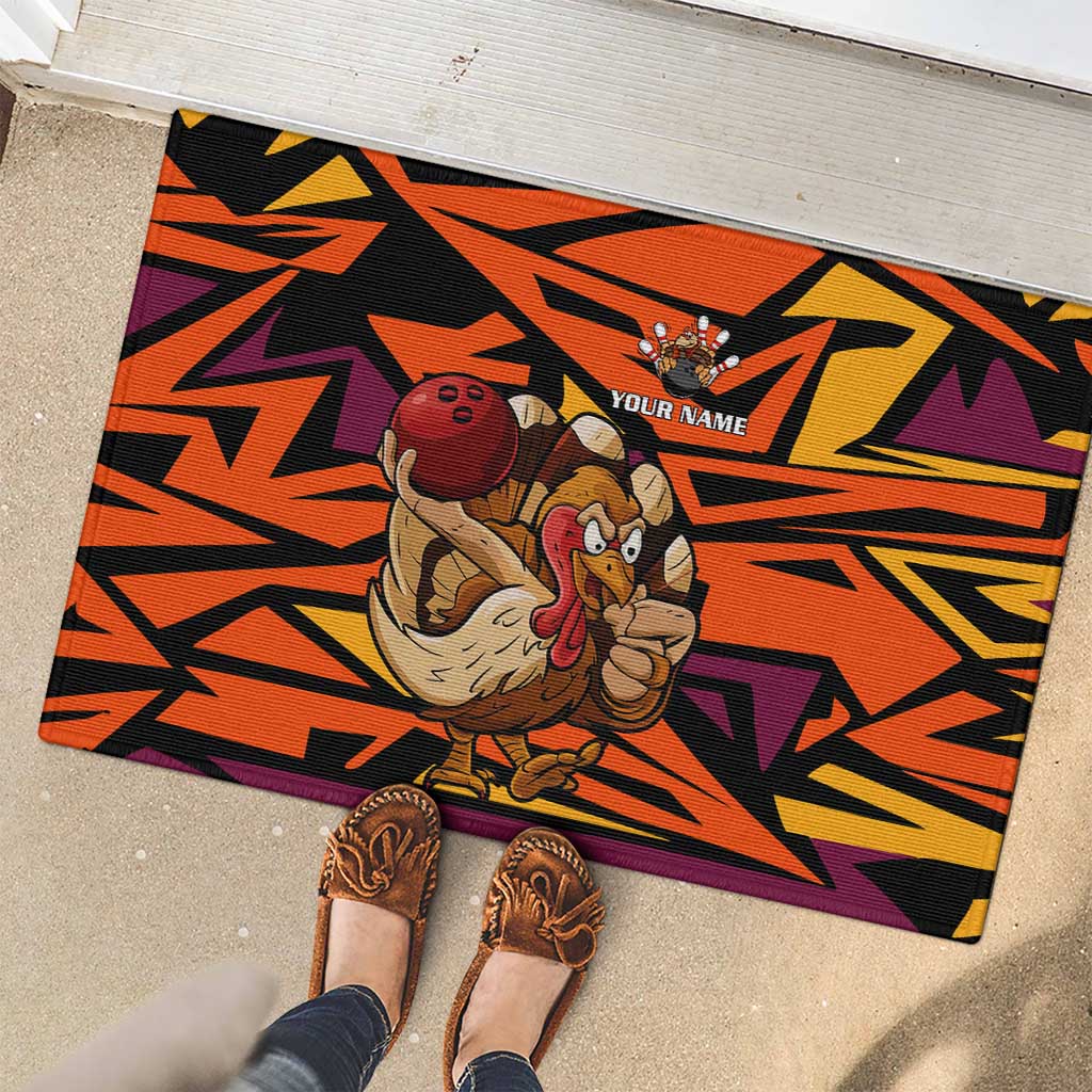 Custom Turkey Bowling Rubber Doormat with Cartoon Turkey Striker and Orange Geometric Pattern - Wonder Print Shop