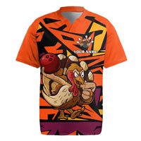 Custom Turkey Bowling Rugby Jersey with Cartoon Turkey Striker and Orange Geometric Pattern - Wonder Print Shop