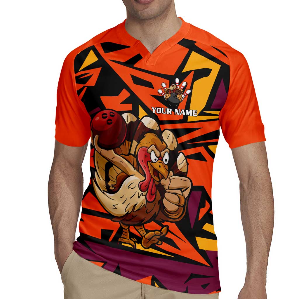 Custom Turkey Bowling Rugby Jersey with Cartoon Turkey Striker and Orange Geometric Pattern - Wonder Print Shop