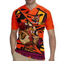 Custom Turkey Bowling Rugby Jersey with Cartoon Turkey Striker and Orange Geometric Pattern - Wonder Print Shop